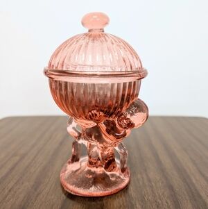 Vintage 80s Rose Pink Glass Candy Dish With Lid Cherub Baby Holding A Ball